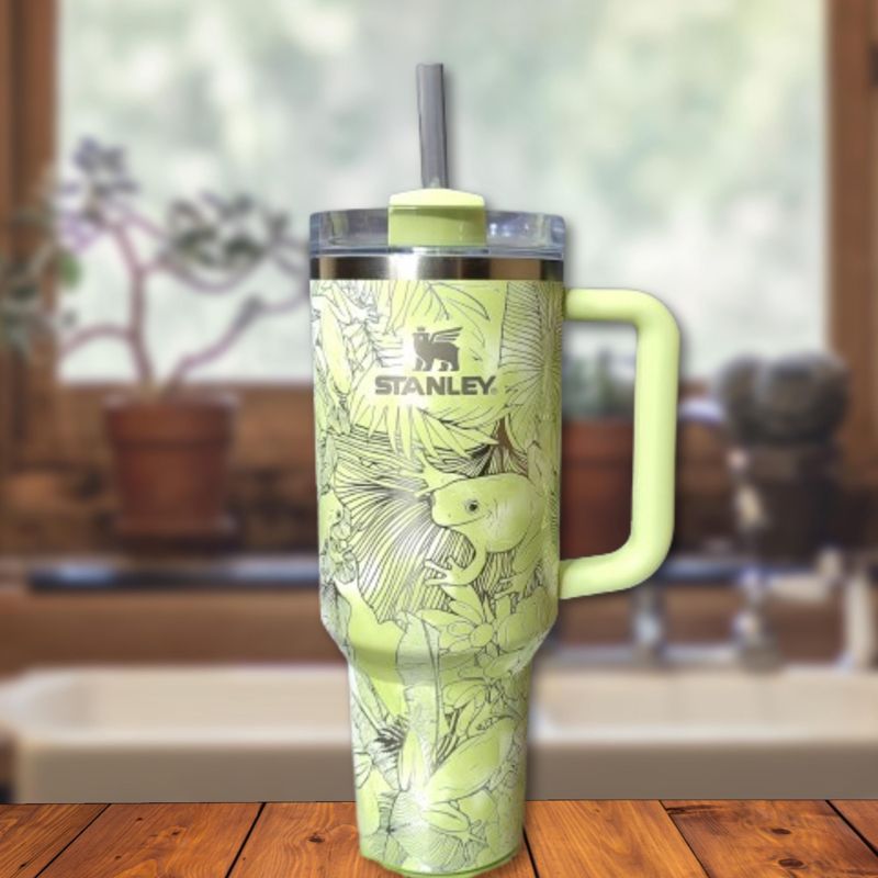 Whimsical Tree Frog Engraved 40oz Stanley Tumbler with Straw & Handle - Full Wrap Leaf Design (Charcoal H2.0 | Design Only)