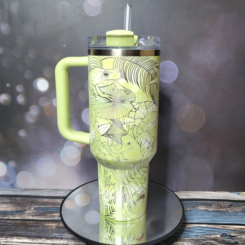 Whimsical Tree Frog Engraved 40oz Stanley Tumbler with Straw & Handle - Full Wrap Leaf Design (Charcoal H2.0 | Design Only)