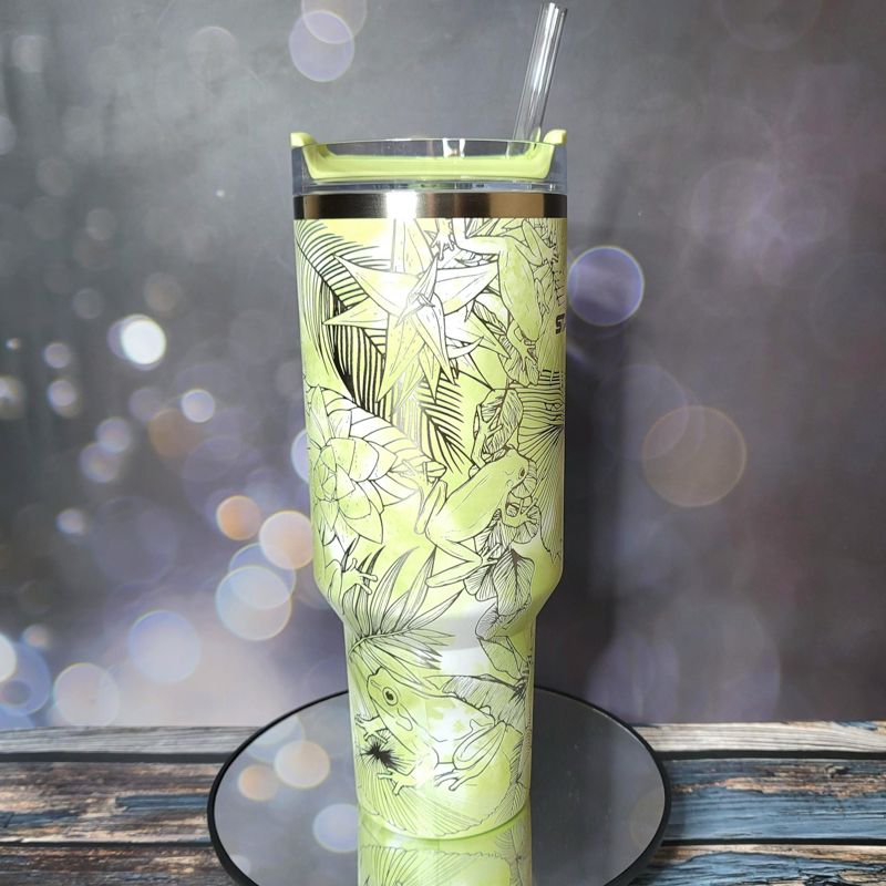 Whimsical Tree Frog Engraved 40oz Stanley Tumbler with Straw & Handle - Full Wrap Leaf Design (Charcoal H2.0 | Design Only)
