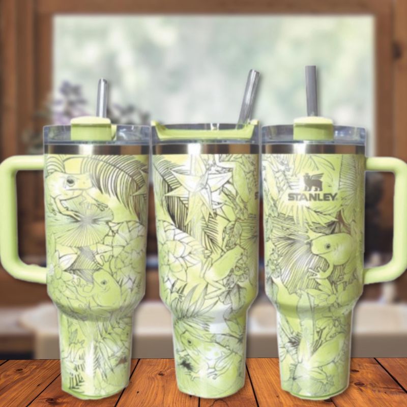 Whimsical Tree Frog Engraved 40oz Stanley Tumbler with Straw & Handle - Full Wrap Leaf Design (Charcoal H2.0 | Design Only)