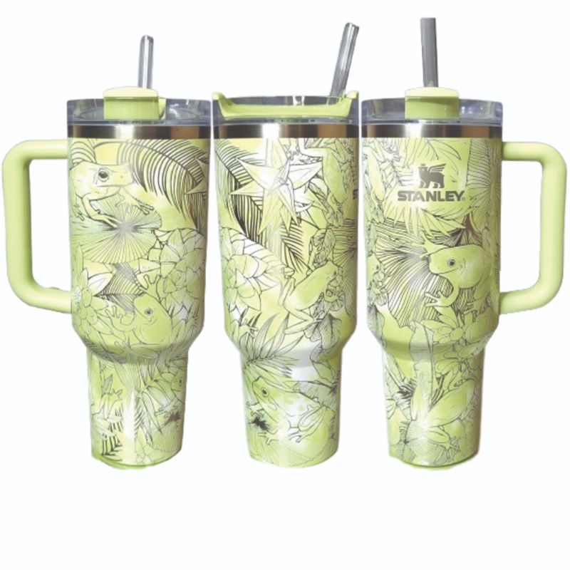 Whimsical Tree Frog Engraved 40oz Stanley Tumbler with Straw & Handle - Full Wrap Leaf Design (Charcoal H2.0 | Design Only)