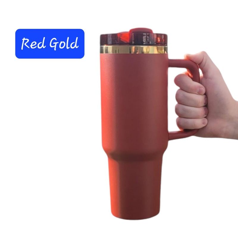 Laser Engraved 40oz Tumbler with Handle & Straw - Train Design in Multiple Colors (Blue Gold)