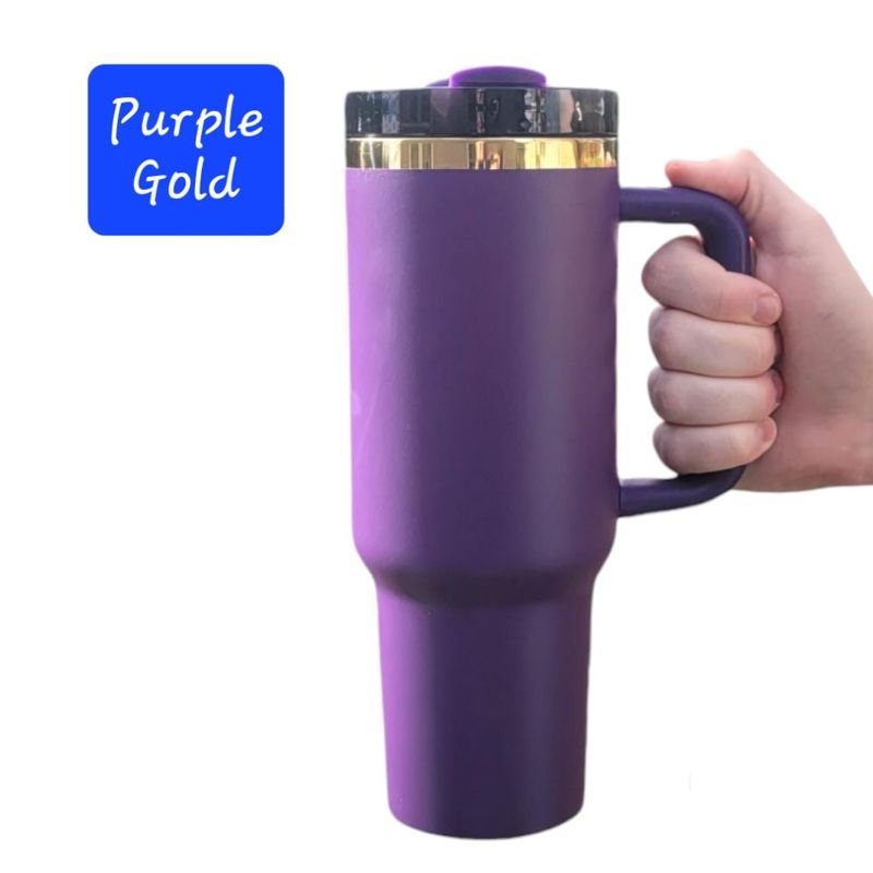 Laser Engraved 40oz Tumbler with Handle & Straw - Train Design in Multiple Colors (Blue Gold)