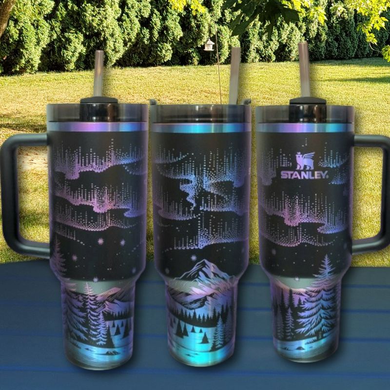 Northern Lights Stanley Chroma Tumbler | 40oz Engraved Aurora Borealis & Mountain Design