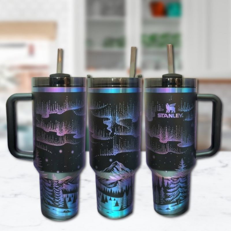 Northern Lights Stanley Chroma Tumbler | 40oz Engraved Aurora Borealis & Mountain Design