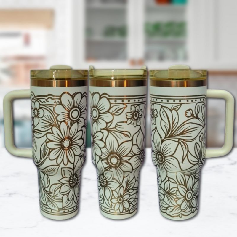 Copper Tooled Leather Wildflower Tumbler with Paisley Design - Add your branding (Black Copper | Design Only)