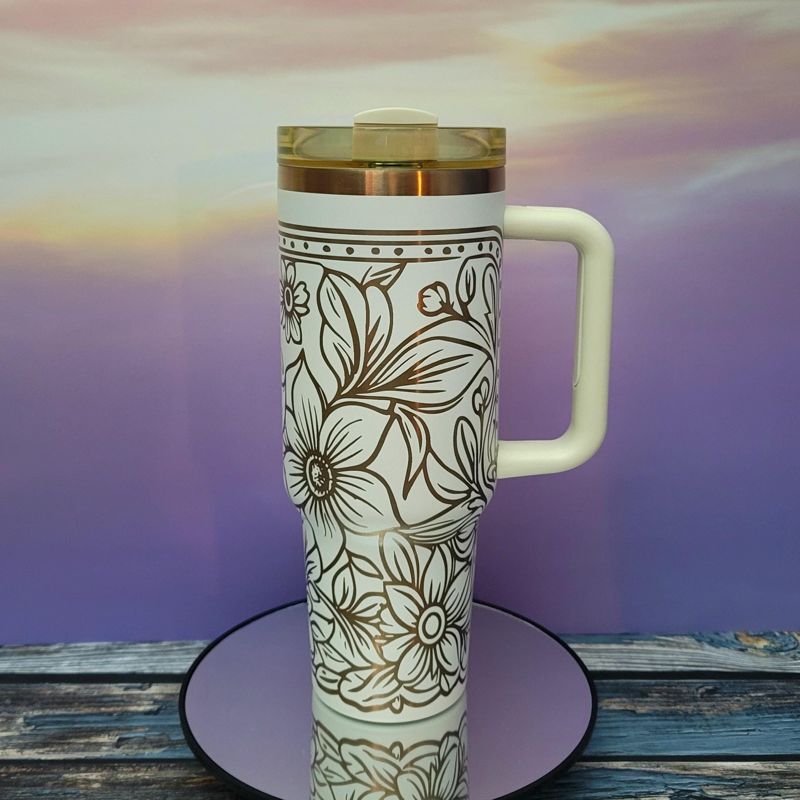 Copper Tooled Leather Wildflower Tumbler with Paisley Design - Add your branding (Black Copper | Design Only)