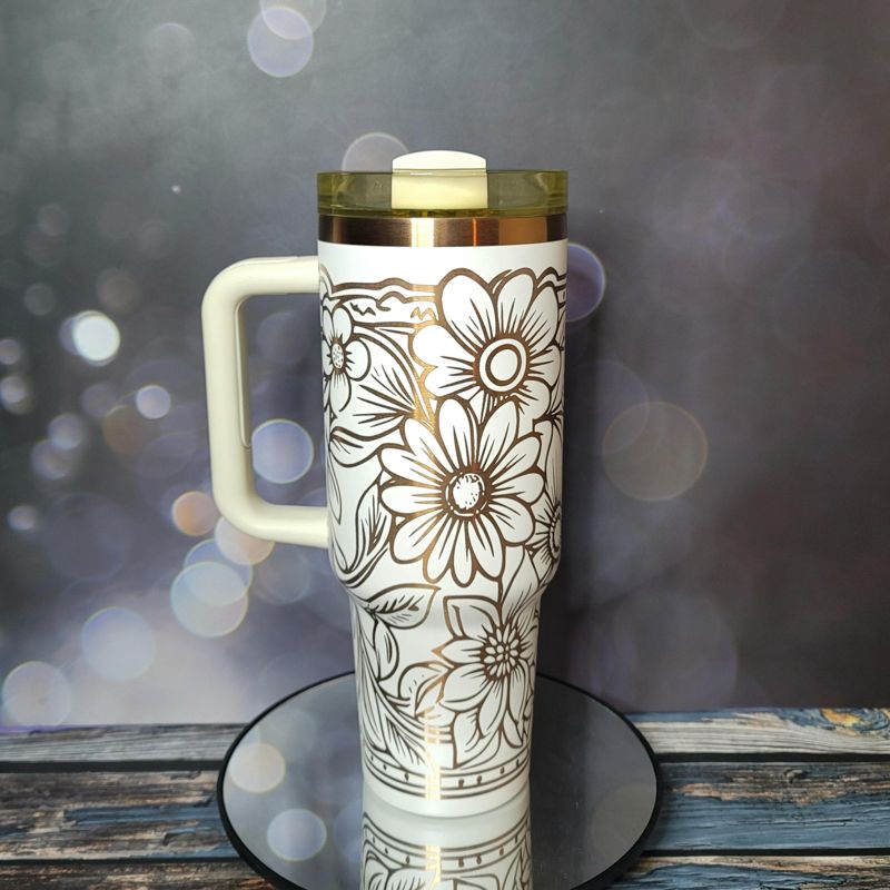 Copper Tooled Leather Wildflower Tumbler with Paisley Design - Add your branding (Black Copper | Design Only)