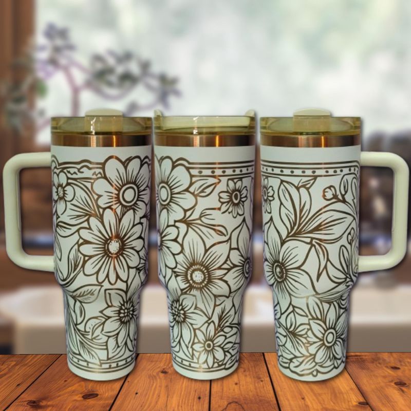 Copper Tooled Leather Wildflower Tumbler with Paisley Design - Add your branding (Black Copper | Design Only)