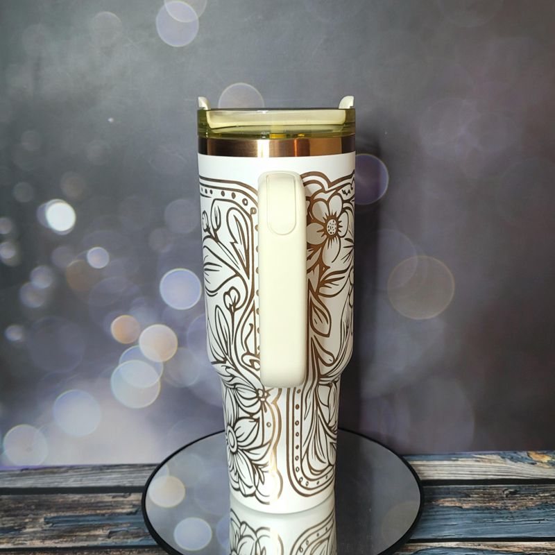 Copper Tooled Leather Wildflower Tumbler with Paisley Design - Add your branding (Black Copper | Design Only)