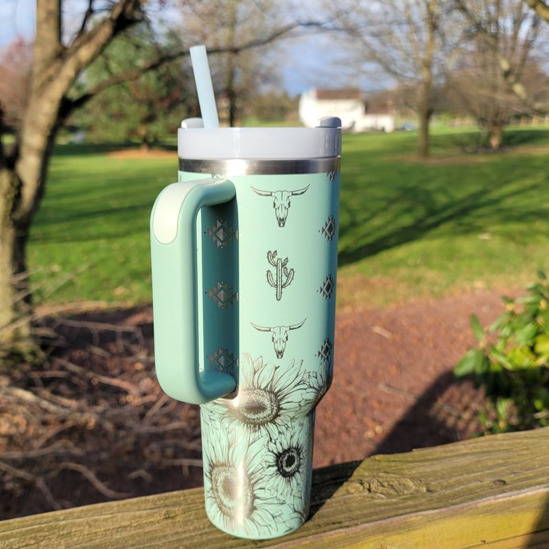 Sunflower Aztec Stanley, **FREE KEYCHAIN, Engraved 40 oz Tumbler, Engraved Stanley, Full Wrap, Sunflower, Aztec Stanley (30oz Fog, Aztec Only)