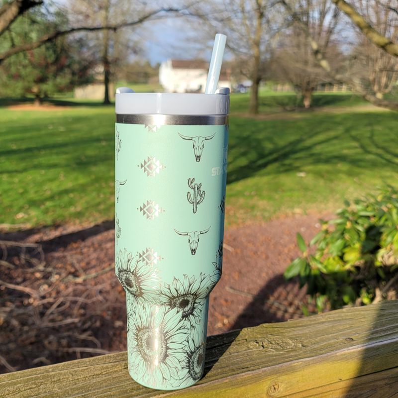 Sunflower Aztec Stanley, **FREE KEYCHAIN, Engraved 40 oz Tumbler, Engraved Stanley, Full Wrap, Sunflower, Aztec Stanley (30oz Fog, Aztec Only)