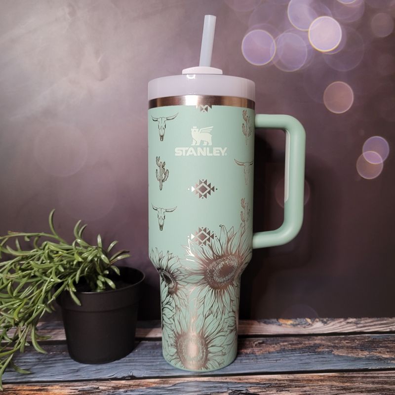 Sunflower Aztec Stanley, **FREE KEYCHAIN, Engraved 40 oz Tumbler, Engraved Stanley, Full Wrap, Sunflower, Aztec Stanley (30oz Fog, Aztec Only)