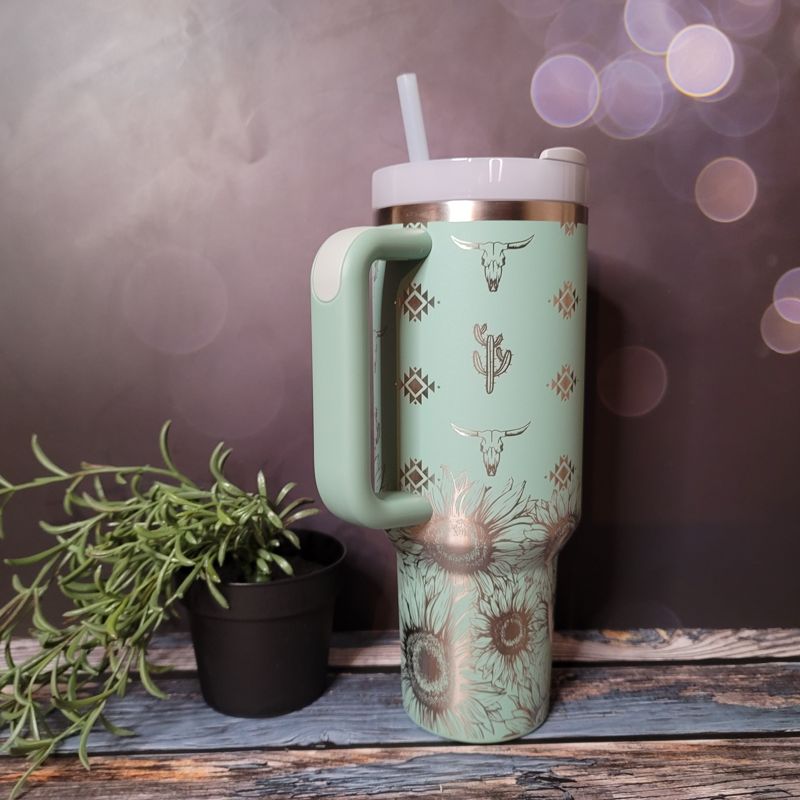 Sunflower Aztec Stanley, **FREE KEYCHAIN, Engraved 40 oz Tumbler, Engraved Stanley, Full Wrap, Sunflower, Aztec Stanley (30oz Fog, Aztec Only)