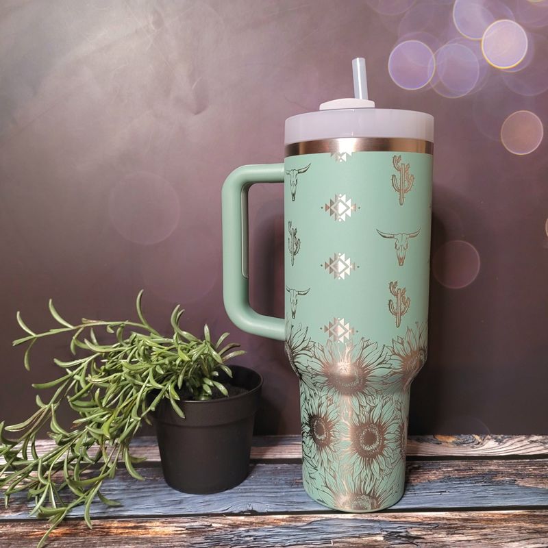 Sunflower Aztec Stanley, **FREE KEYCHAIN, Engraved 40 oz Tumbler, Engraved Stanley, Full Wrap, Sunflower, Aztec Stanley (30oz Fog, Aztec Only)
