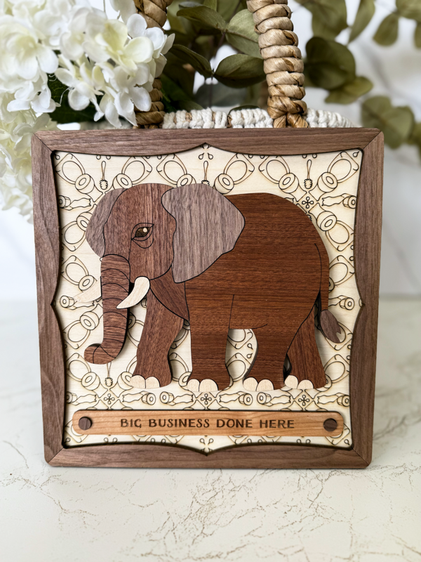 Big Business Done Here Elephant Sign – Funny Laser‑Cut Wood Plaque for Bathroom, Office, or Man Cave Décor