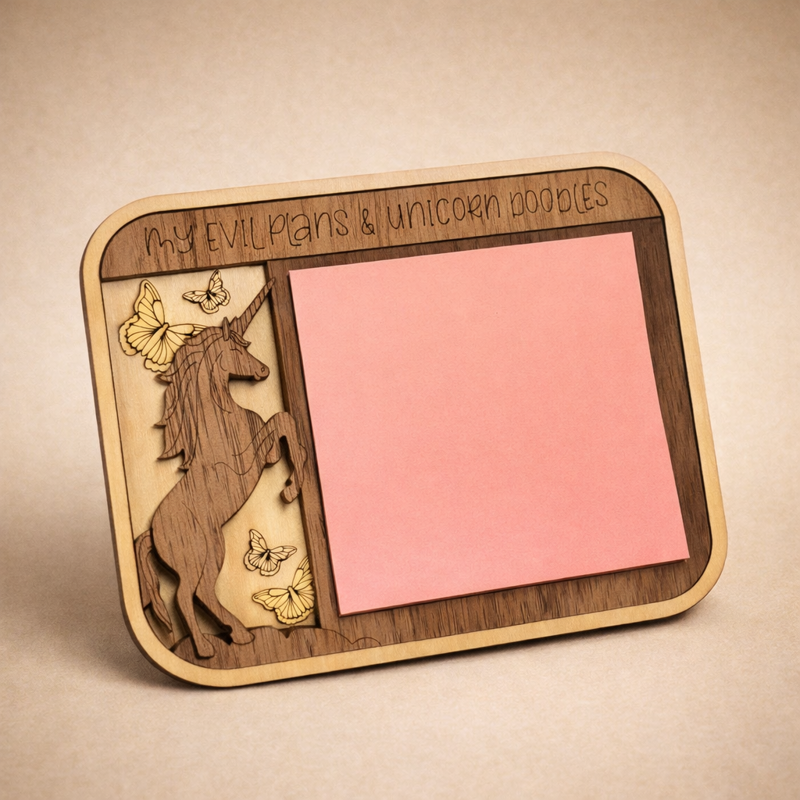 "My Evil Plans & Unicorn Doodles" unicorn sticky note holder
