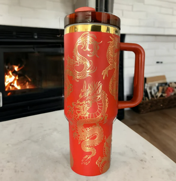 Gold Dragon 40oz Tumbler π β Laser Engraved with Handle, Lid & Straw (Blue Gold)