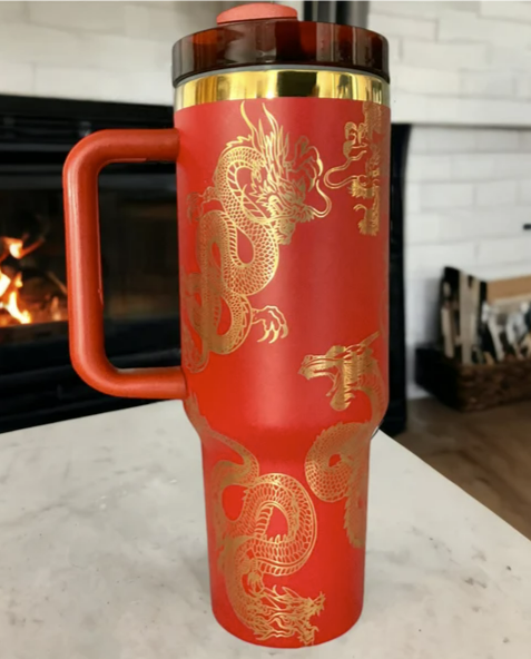 Gold Dragon 40oz Tumbler π β Laser Engraved with Handle, Lid & Straw (Blue Gold)