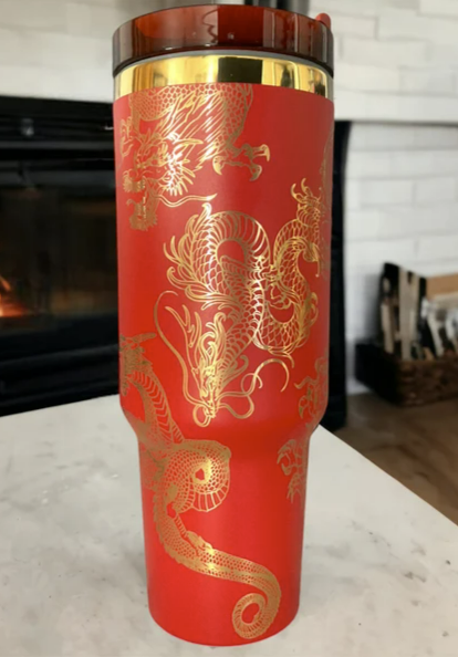 Gold Dragon 40oz Tumbler π β Laser Engraved with Handle, Lid & Straw (Blue Gold)