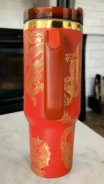 Gold Dragon 40oz Tumbler π β Laser Engraved with Handle, Lid & Straw (Blue Gold)