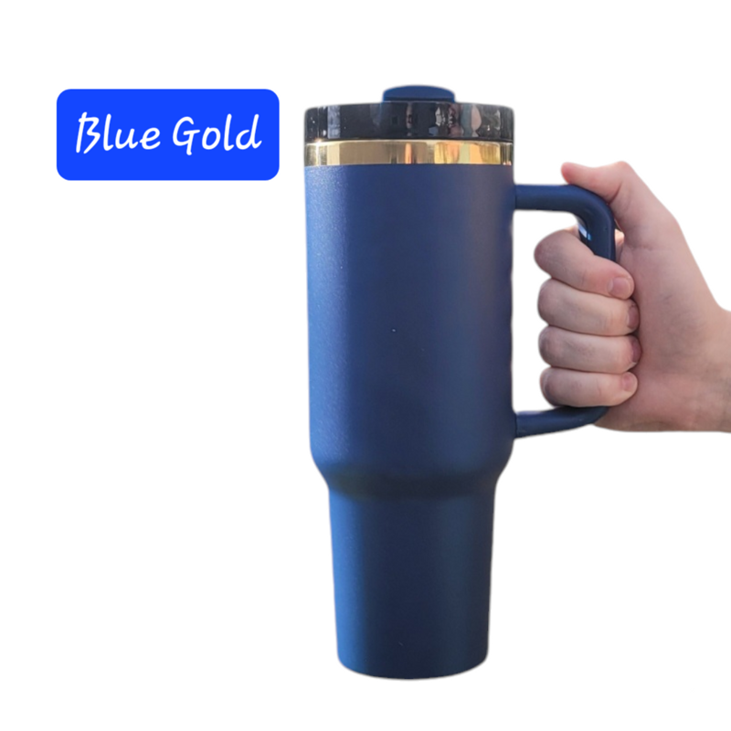 Gold Dragon 40oz Tumbler π β Laser Engraved with Handle, Lid & Straw (Blue Gold)