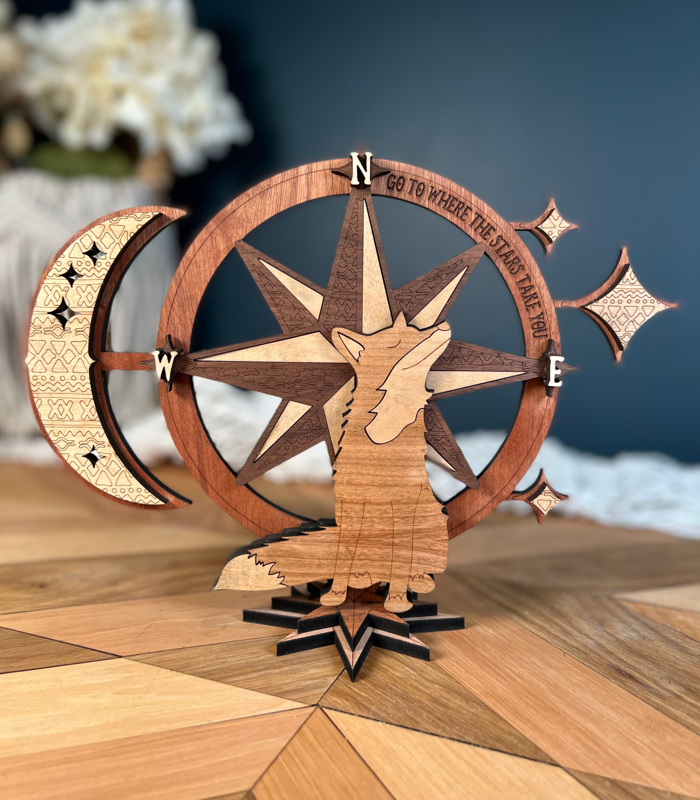 Fox Compass Rose Celestial Shelf Sitter Sign