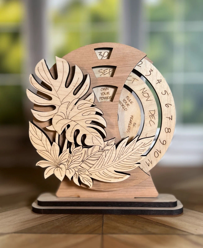 Tropical Leaves Perpetual Spin Calendar — Laser-Cut Wood