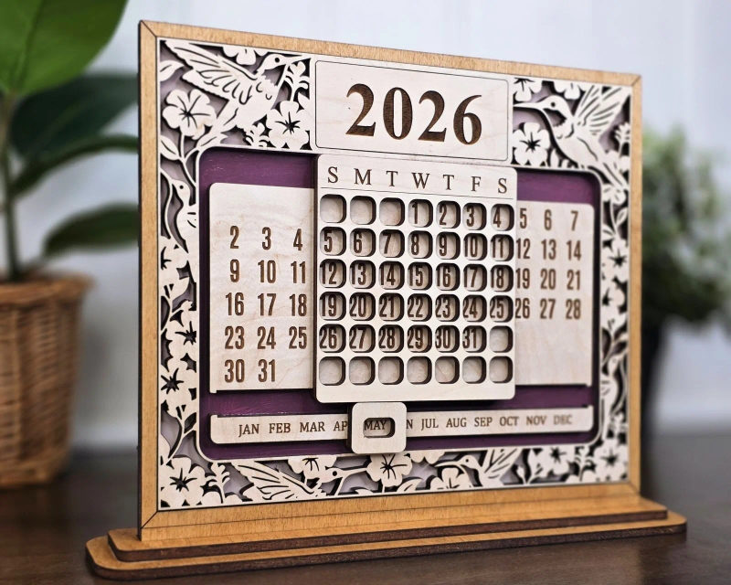 Timeless Perpetual Desk Calendar — Laser-Cut Wood with Dry Erase Year