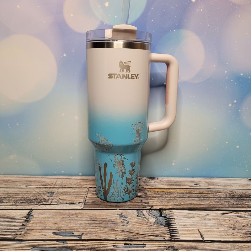 Ocean Stanley, **FREE KEYCHAIN**, Engraved 40 oz Tumbler, Engraved Full Wrap, Stanley Sea, Quencher H2.0, Personalized Stanley, Sea Turtle (Cream H2.0)