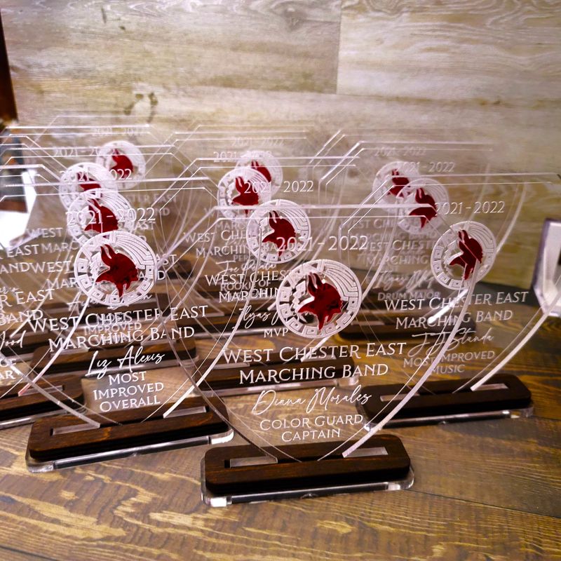 Custom Engraved Acrylic Trophy with Inset Design, Custom Engraved Acrylic Award