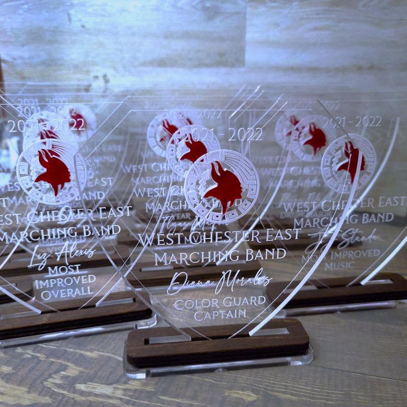 Custom Engraved Acrylic Trophy with Inset Design, Custom Engraved Acrylic Award