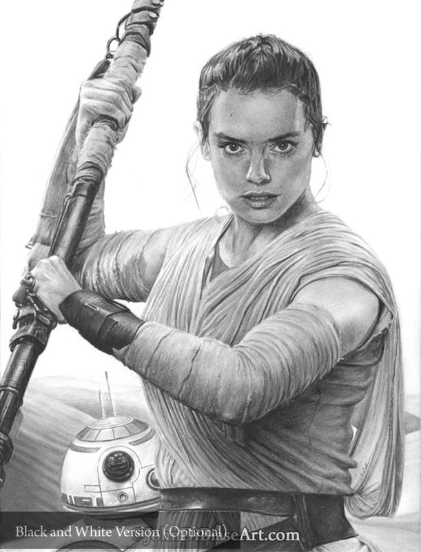 Daisy Ridley as Rey w/ BB-8 from Star Wars: The Force Awakens Colored Pencil / Graphite Drawing  Print 8.5 x 11
