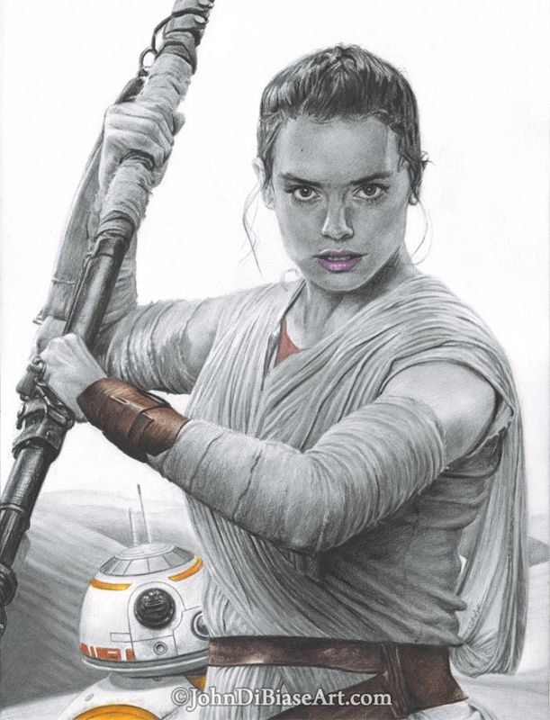 Daisy Ridley as Rey w/ BB-8 from Star Wars: The Force Awakens Colored Pencil / Graphite Drawing  Print 8.5 x 11