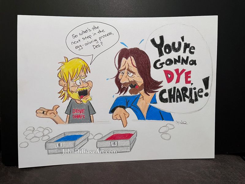 LOST Charlie and Desmond "You're gonna dye, Charlie" Easter egg spoof ORIGINAL Colored Pencil Drawing 9 x 12 -- From the Sketchbook