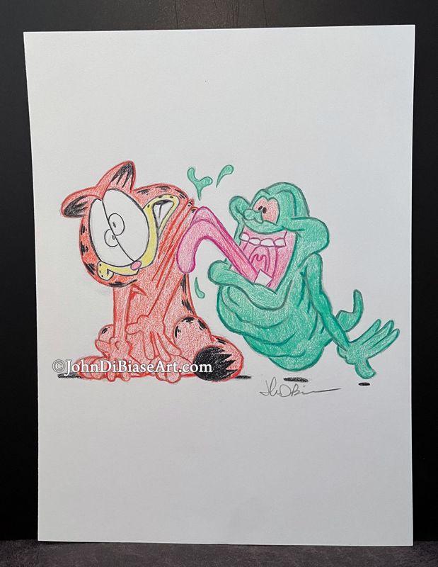 Garfield being licked by Slimer (Ghostbusters) ORIGINAL Colored Pencil Drawing 9 x 12 -- From the Sketchbook