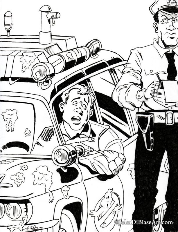 Real Ghostbusters Ray Stantz in Ecto-1 with Police Officer Marker Drawing Print 8.5 x 11