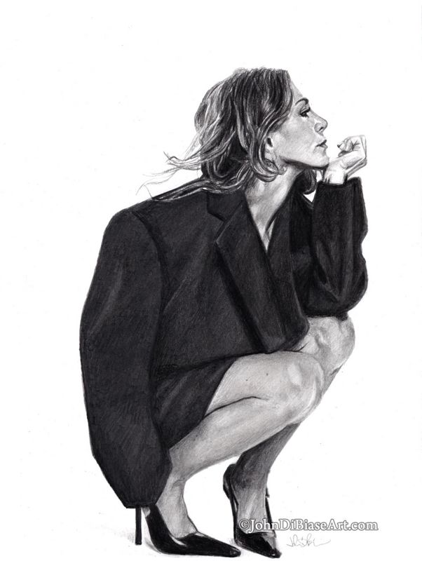 Jennifer Aniston (Crouched) Original Portrait Drawing (NOT a print) 9 x 12