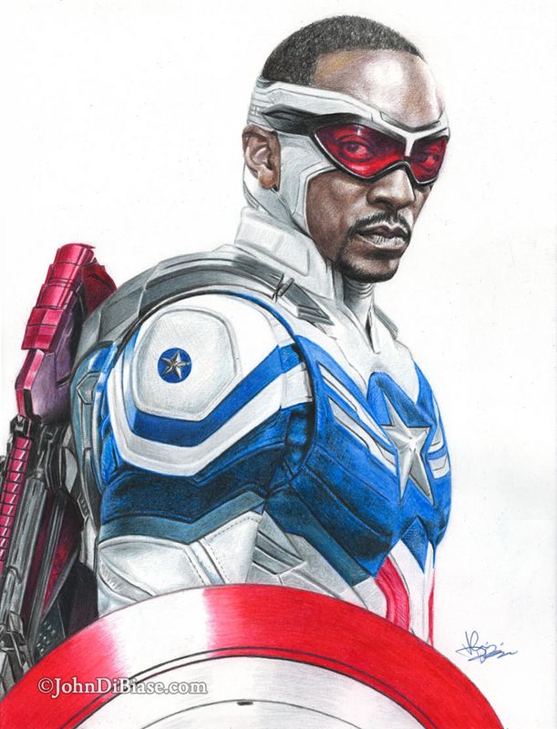 Captain America Sam Wilson (Anthony Mackie) from Falcon and the Winter Soldier Colored Pencil Original Drawing (NOT a print) 9x12