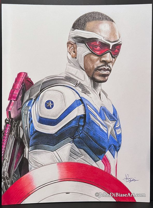 Captain America Sam Wilson (Anthony Mackie) from Falcon and the Winter Soldier Colored Pencil Original Drawing (NOT a print) 9x12