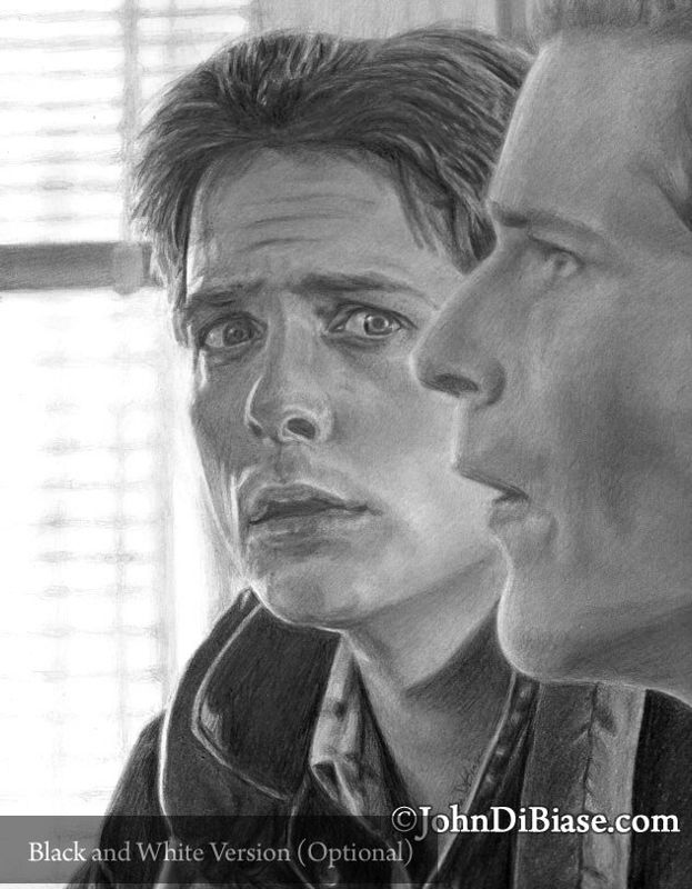 Michael J. Fox as Marty McFly and Crispin Glover as George McFly in Back To The Future Drawing Print 8.5 x 11