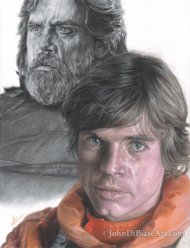 BUNDLE:Star Wars"Young & Old" Series Colored Pencil Drawing Prints - 4 total: Luke, Leia, Han and Obi-Wan