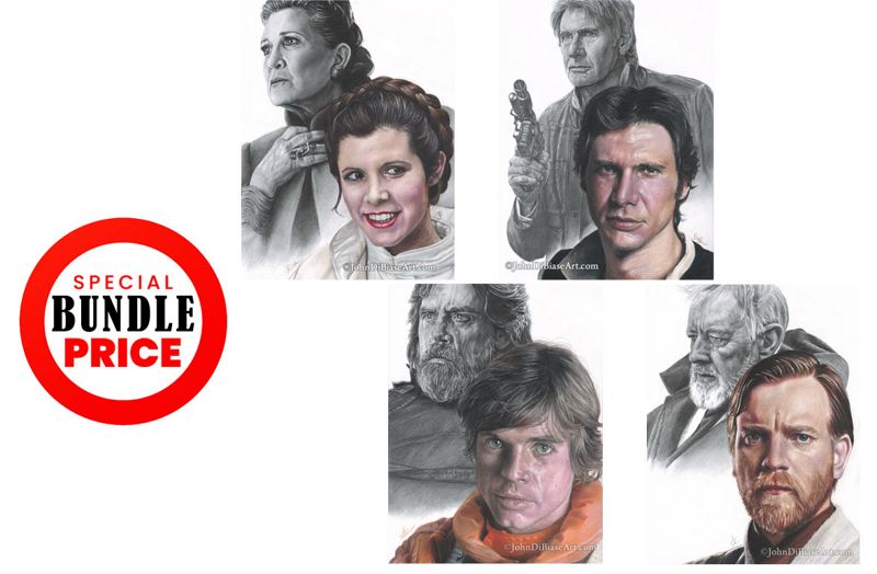 BUNDLE:Star Wars"Young & Old" Series Colored Pencil Drawing Prints - 4 total: Luke, Leia, Han and Obi-Wan