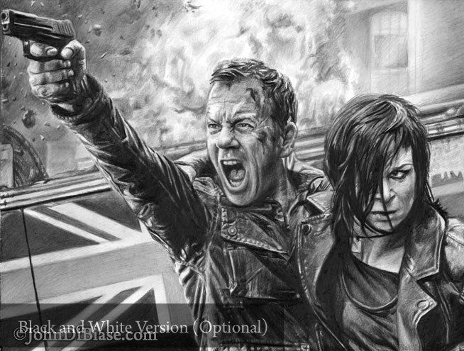 Kiefer Sutherland as Jack Bauer with Mary Lynn Rajskub as Chloe in "24" Drawing Print 11 x 8.5