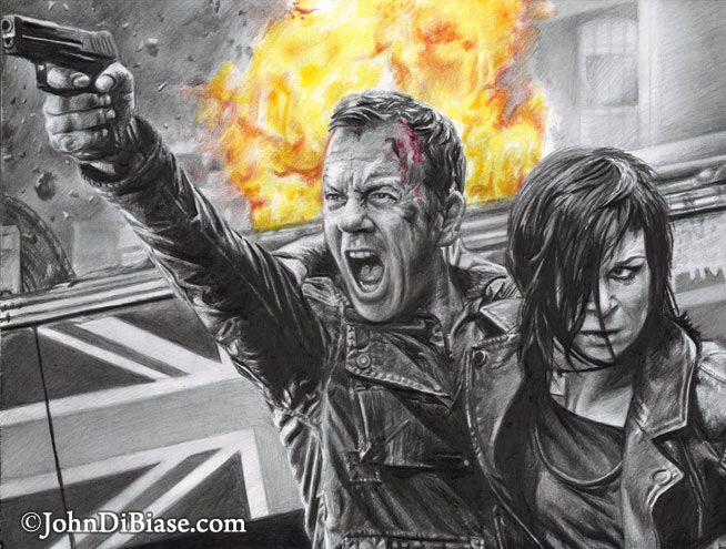 Kiefer Sutherland as Jack Bauer with Mary Lynn Rajskub as Chloe in "24" Drawing Print 11 x 8.5