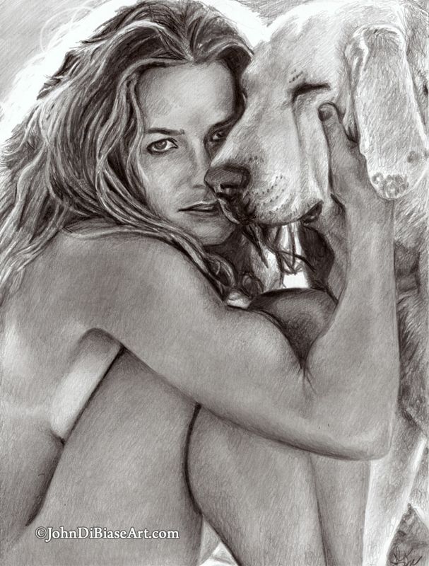 Elisabeth Shue w/ dog Freehand Graphite Pencil Drawing Print (8.5 x 11)