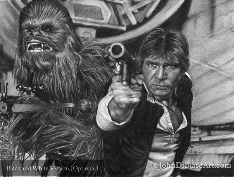 Han & Chewie (Harrison Ford and Peter Mayhew) in Star Wars 11 x 8.5 Colored Pencil Drawing Print A