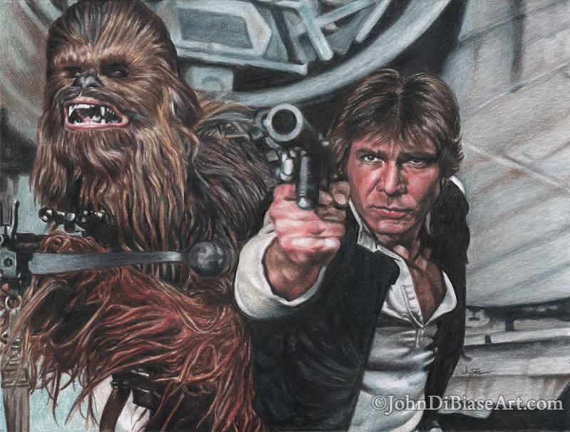 Han & Chewie (Harrison Ford and Peter Mayhew) in Star Wars 11 x 8.5 Colored Pencil Drawing Print A
