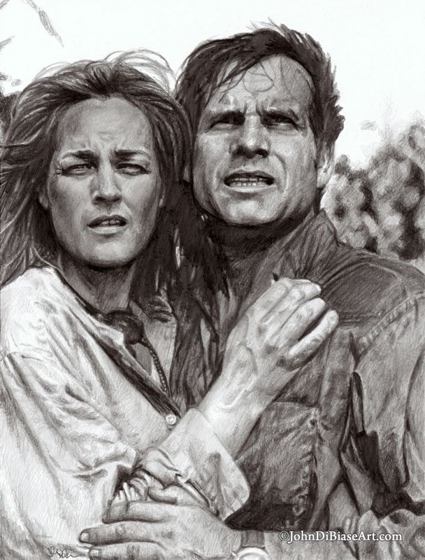 Helen Hunt and Bill Paxton from the movie TWISTER Graphite Pencil Drawing Print (8.5 x 11)