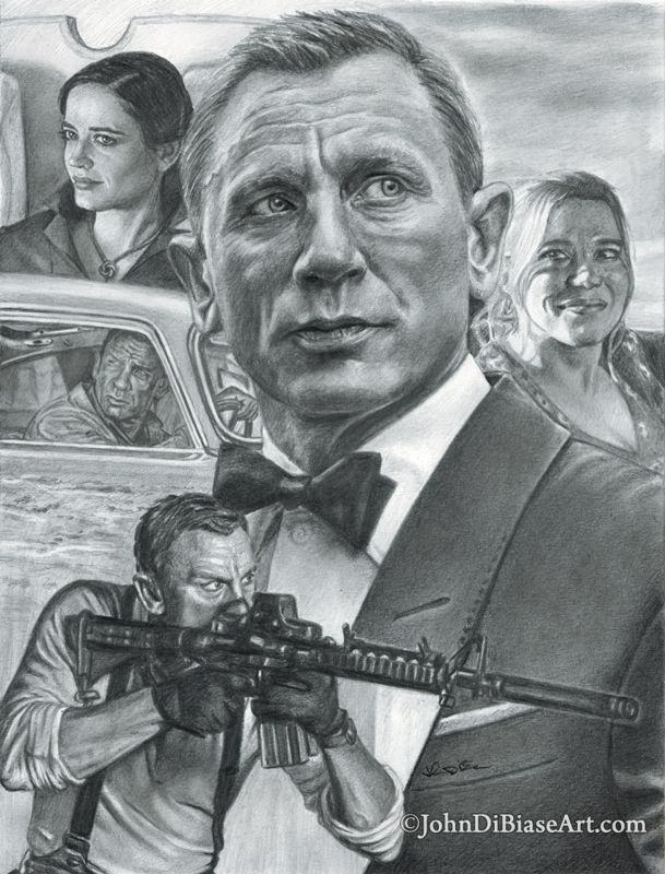 James Bond Daniel Craig "No Time To Die" Collage  Original Drawing (NOT a print) 9x12